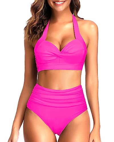 Tempt Me Women Two Piece Vintage Swimsuit Retro Halter Ruched High Waist Bikini with Bottom
