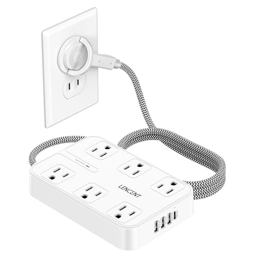 LENCENT 2 Prong Power Strip,2 Prong to 3 Prong Outlet Adapter,Two Prong Surge Protector, 6ft Braided Flat Plug Extension Cord, 6 AC & 4 USB (1 Type-C), Wall Mount for Non-Grounded Outlet