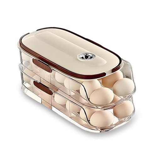 Egg Holder for Fridge with Lid and Handle Automatic Rolling Egg Container for Refrigerator Stackable Egg Organizer for Refrigerator Countertop Kitchen & Outdoor Use Pantry Storage Timed Freshness