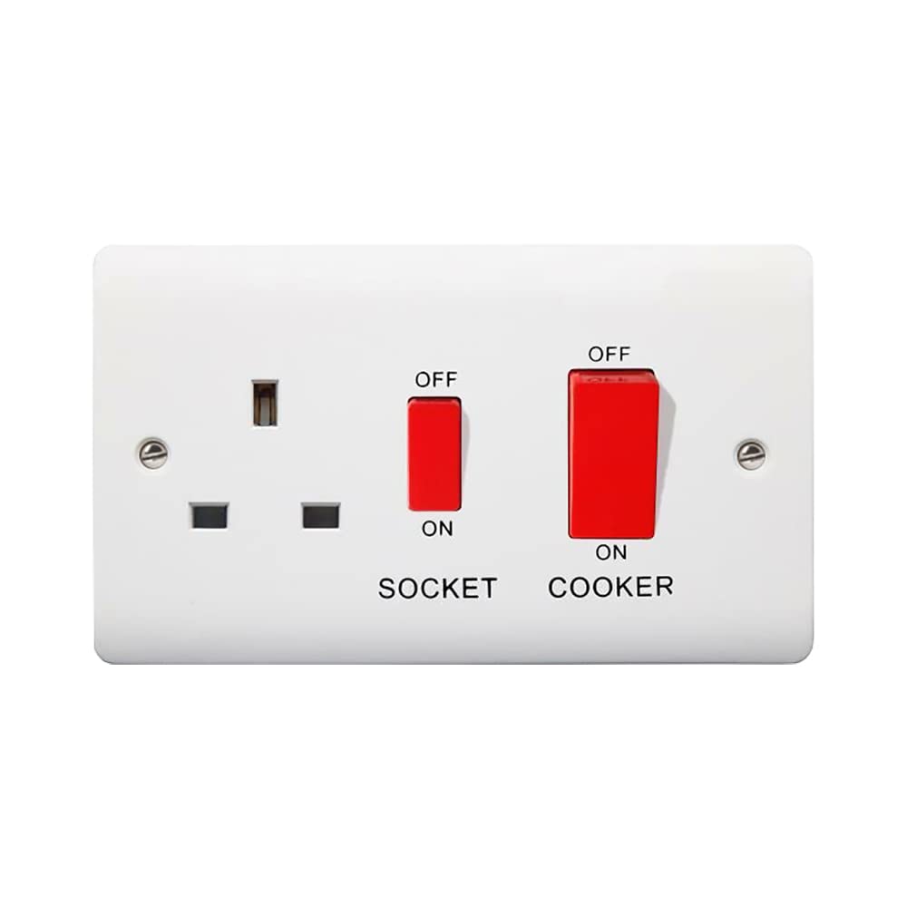Standard White 45A Switch - Premium Curved Edge Switched Socket - 13A Single Power Socket, Anti-Microbial Plastic Wall Sockets