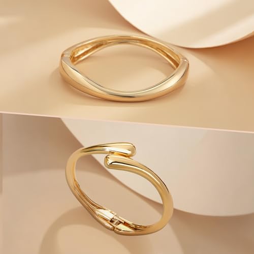 2Pcs Gold Chunky Bangles Bracelets for Women 14K Gold Plated Chunky Bracelet Set Stack Gold Bangle Bracelet Statement Wrist Jewelry Gold Cuff Accessories Girls Trendy Bracelets4