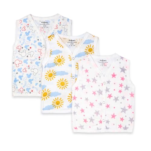 Image of Kidbea Muslin Cotton Jhabla for Newborn Baby | Soft Sleeveless V-Neck Baby Clothes with Button Closure | Cute Printed Infant Summer Wear