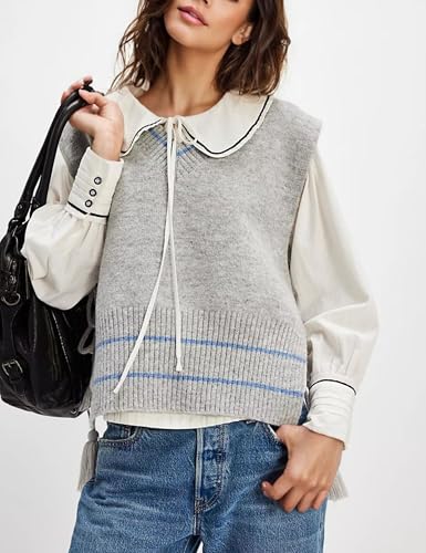 Image of Women's V Neck Sweater Vest Loose Knit Sleeveless Poncho Side Binding Fringe Pullover Tank Tops