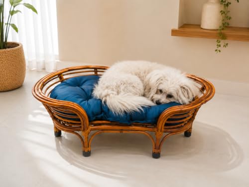Image of CANE CRAFTS Wooden Bamboo Dog Bed Cane Pet Bed for Dogs and Cats with Foam with Cushion