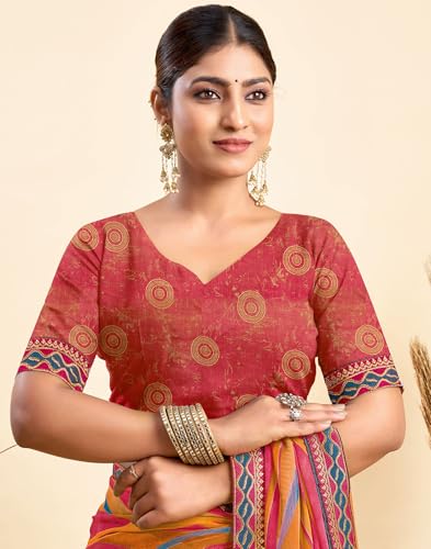 Image of SIRIL Women's Printed Chiffon Saree with Unstitched Blouse Piece