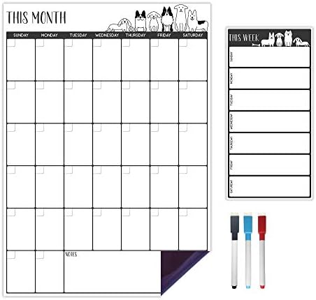 Vertical Magnetic Calendar for Refrigerator - Cute Dog Design | Set of 2 Magnetic Dry Erase Board: Monthly Magnetic Fridge Calendar 12 x 17 Inch, Weekly Fridge Magnetic Menu Planner 5 x 10 Inch