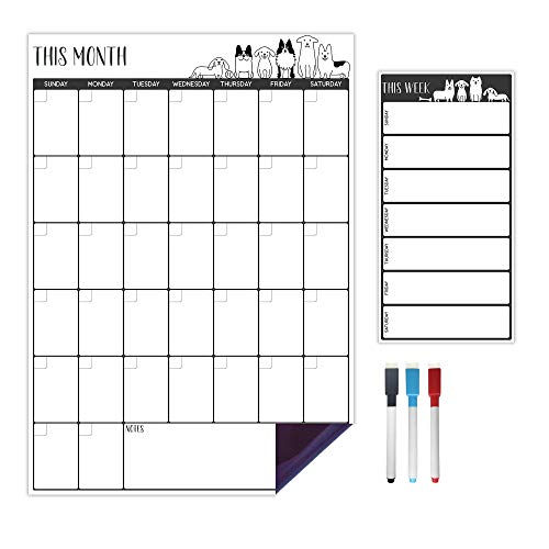 Vertical Magnetic Calendar For Refrigerator - Cute Dog Design | Set Of 2 Magnetic Dry Erase Board: Monthly Magnetic Fridge Calendar 12 X 17 Inch, Weekly Fridge Magnetic Menu Planner 5 X 10 Inch #TOP1