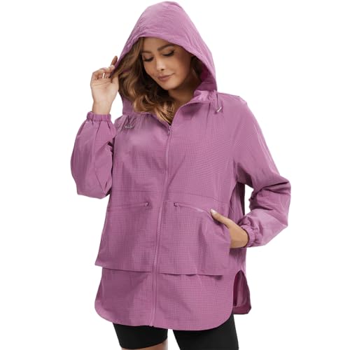 PESION Womens Waterproof Raincoat Lightweight Rain Jacket Trench Coat Hooded Windbreaker With Pockets for Outdoor Purple Grid Large