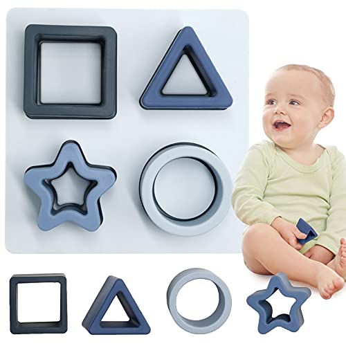 Image of HETOMI Baby Stacking Building Blocks Silicone Teething&Squeezing Shape Sorter Puzzle Montessori Sensory Toys for Babies Toddlers 6 to 12 Months(Blue)