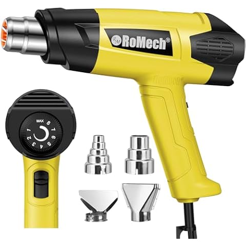 ROMECH Heat Gun, Heavy Duty Fast Heating, Variable Control 120°F~1200°F (50℃-500℃) 4 Nozzles Heat Gun for Crafting, Shrink Tubing,Vinyl Wrap(Yellow) Cover