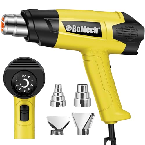 ROMECH 1500W Heavy Duty Heat Gun, Variable Temperature Control Hot Air Gun Kit with 2 Air Flow 120°F~1200°F and 4 Nozzles for Crafts Shrink Wrap (Yellow) by ROMECH - Used condition - US$13.97