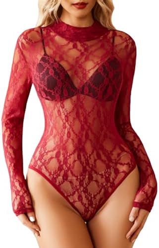 Avidlove Long Sleeve Lace Bodysuit Tops Turtle Neck Sheer Body Su...