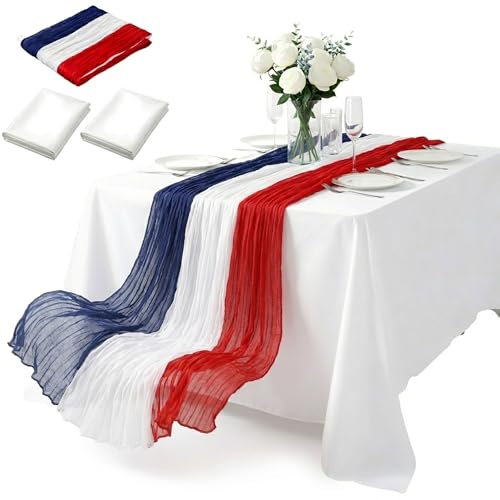 Red White Blue Table Runner and Tablecloth Set, Vintage Patriotic Table Decor for Independence Day, Memorial Day, Labor Day, Veterans Day, Party Decorations for Kitchen Dining Indoor Outdoor