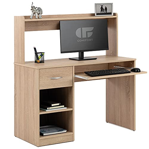 COMIFORT Bureau d'ordinateur Design 2 hauteurs 2 étagères 1 tiroir et Support Clavier Amovible Bureau de Style Moderne - SUARON Sonoma Cover