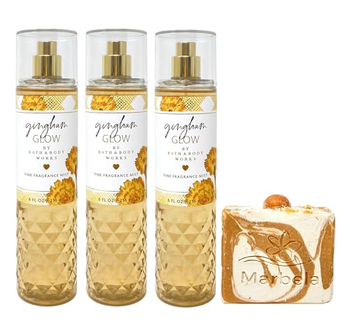Bath & Body Works Gingham Glow 3 Pack Fragrance Mist Bundle with a Peach Gardenia Bar Soap - Full Size