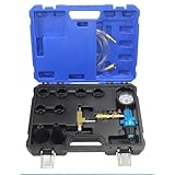 冷却システム真空パージ＆クーラント補充ツールキット | ラジエーター水・不凍液チェンジャー | 車両用冷却システム補充ツール 時間を節約する真空クーラント補充キット 密閉性の高い冷却システム用真空パージ＆補充キット（圧力計付き）、4サイズアダプター、全車種対応ロングクーラント充填ホース付属