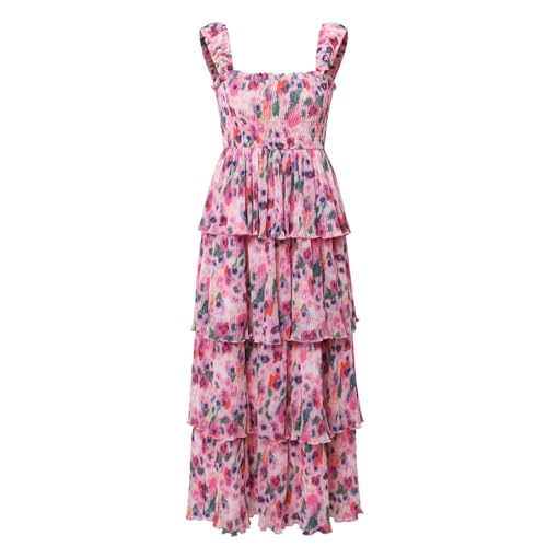 Women's Summer Floral Print Halter A-line Dress Bohemian Cake Dress Pink Dresses