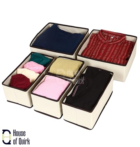 Image of House of Quirk Non-Woven Foldable Cloth Storage Box Closet Dresser Drawer Organizer Cube Basket Bins Containers Divider with Drawers for Clothing for Underwear,Bras,Socks,Ties,Scarve,Set of 6 (Beige)