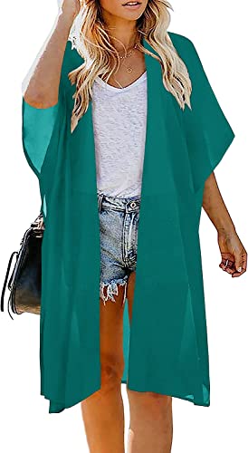 Image of Indian Trendy Women's Solid Puff Sleeve Kimono Long Cardigan Loose Cover Up Casual Blouse Top Chiffon