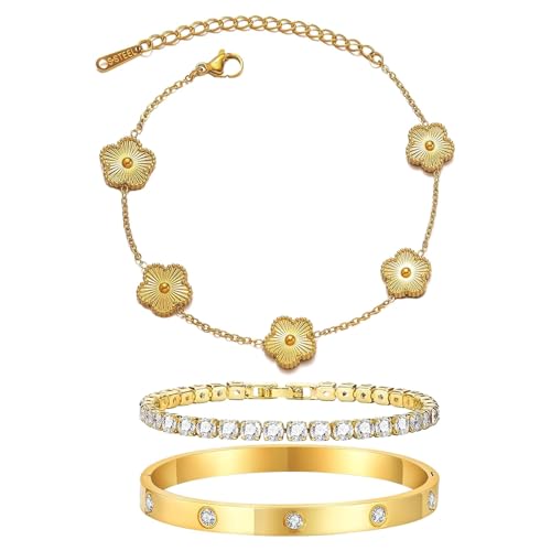 LIUYIDM Bracelet Trefle Bijoux 3 Pièces en Trèfle à Cinq Feuilles Dorés Bracelets Trefles Accessoires élégants Trefle a 4 Feuilles Bijoux, Cadeau Symbole...