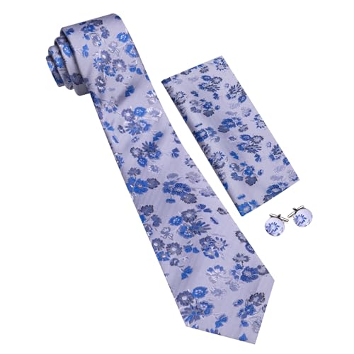 Image of Barry.Wang Light Blue Flower Ties for Men Silk Woven Floral Tie Sets Necktie Handkerchief Cufflinks Wedding Party