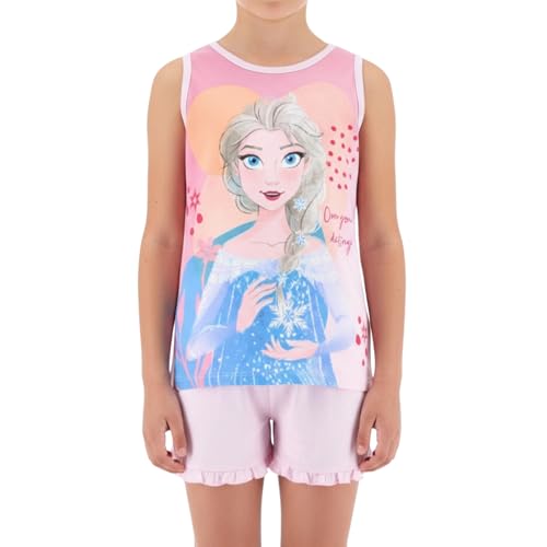 Disney Frozen Pijama para Niña, Conjunto 2 Piezas Diseño Reina Elsa Pijama Algodón Suave, Camiseta y Pantalón Corto, Talla 4 Años | Rosa Claro