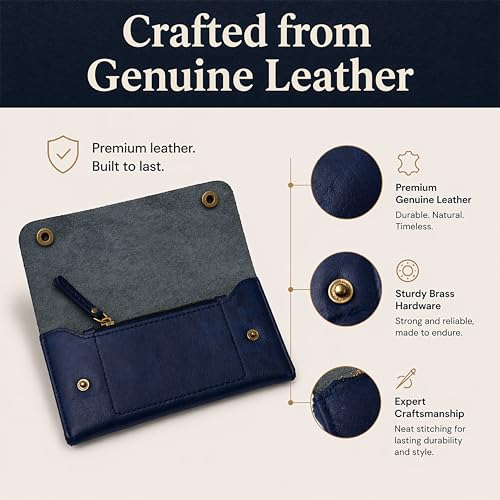 Image of Leather Currency Pouch - Handmade Cash Organizer with Double Button Closure & Zipper Pocket, Compact Money Holder for Travel & Everyday Use, 4 x 8 Inch (Blue)