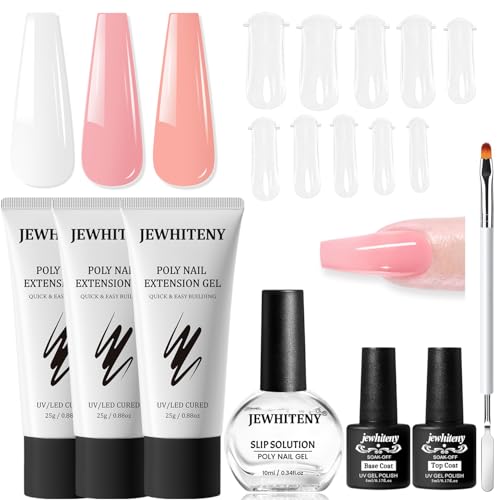 JEWHITENY Poly Nail Gel Set Clear Pink White Neutral Classic Color Poly Extension Gel With Base and Top Coat Slip Solution French Manicure for Home DIY Need U V Lamp Curing set5