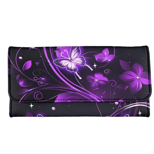 Image of AFPANQZ Womens Wallets, Leather Trifold Multi Card Holder Slots Wallet, Purple Butterfly Print Elegant Clutch Phone Holder Trifold Purses Zip Coins Pocket, Buckle Closure Clutch