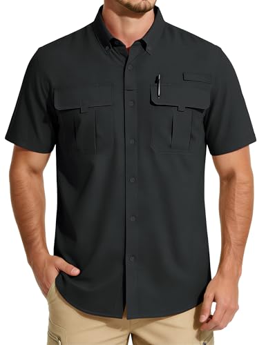 MAGCOMSEN Men's Fishing Shirts Short Sleeve Safari Button Down Hiking Black