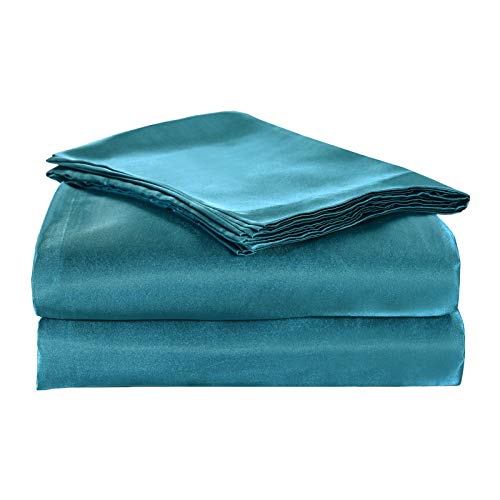 Hollyhome Silky Soft Luxury 4 Piece Deep Pocket Full Satin Sheet Set, Free Fitted Sheet Straps Included, Teal #TOP5