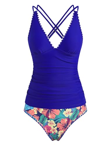Image of ZAFUL Womens Tankini Swimsuits V Neck Push Up Swim Top Color Block Tummy Control High Waisted Bathing Suits Swim Bottom