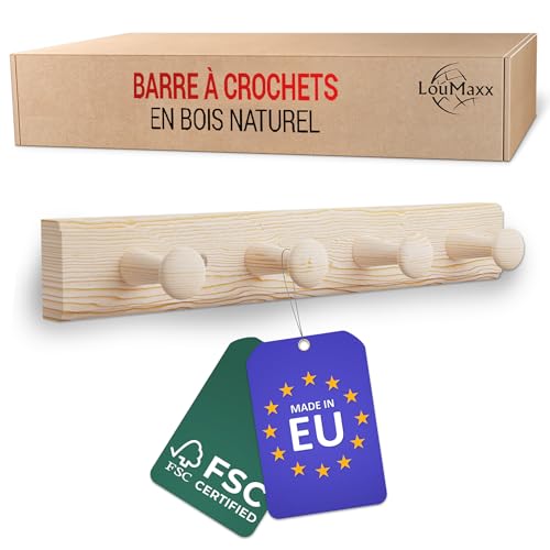 LouMaxx porte manteau mural bois en pin avec 4 crochets