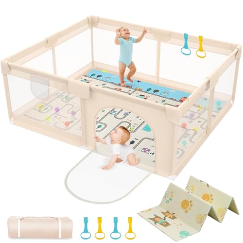 Image of 71 x 59 Baby Play Pen with Mat - Indoor & Outdoor Playpen for Babies and Toddlers - Extra Large Play Yards with Soft Foam & Sturdy Bottom Suction Cups - Toddler Baby Play Yard with Gate(Apricot)