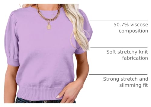 Image of Womens Puff Short Sleeve Sweater Tops Crewneck Basic Knit Pullover Lightweight Casual Sweaters