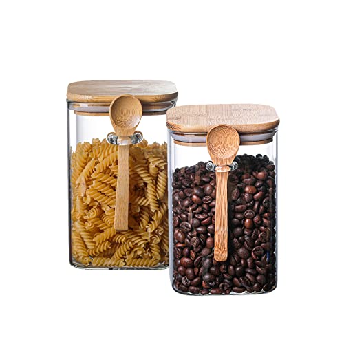 Hniuyun Glass Jars With Bamboo Lids and Spoon, 2Pcs Set of Airtight Food Storage Containers, Glass Storage Jars for Pantry Storage and Kitchen Organization