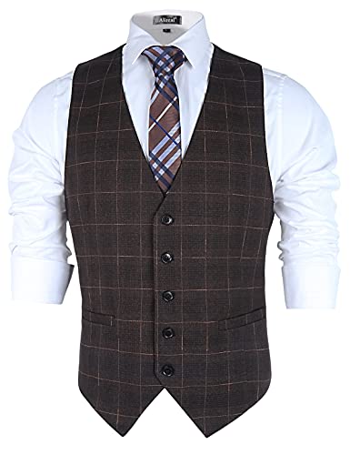 Alizeal Mens Plaid Business Suit Vest V-Neck Regular Fit Checked Tuxedo Waistcoat, Burnt Brown-L #TOP1