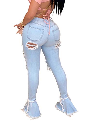 Women's Bell Bottom Jeans Destoryed Ripped Flare Jeans Elastic Waist Raw Hem Denim Pants2