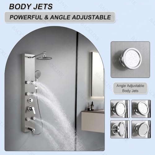 Image of Backline All In 1 Shower Panels for Bathroom 304 SS Hot & Cold Water Adjustable | 3 Function Handshower with Waterfall Shower /Tub Spout /Body Massage Spray /Storage Rack (Brushed Nickel)