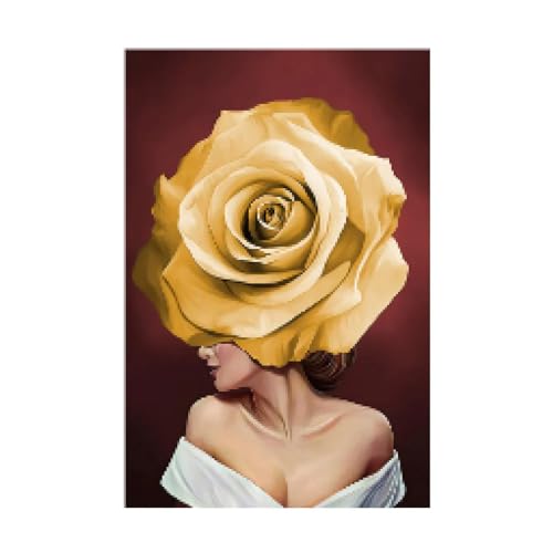 Peinture sur toile de femme avec tête de fleur jaune 50x70 cm