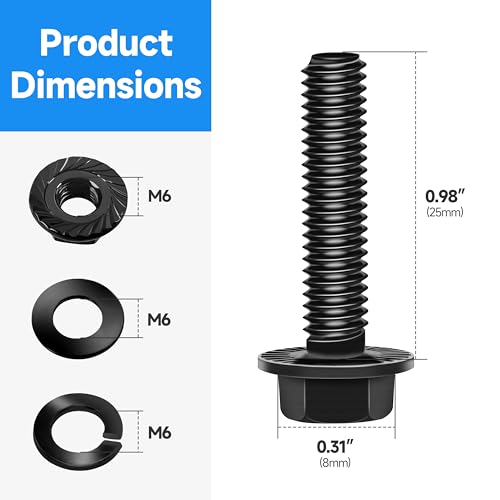 Image of (10Sets) M6 Bolt x 25mm Flanged Hex Head Bolts, External Flange Hex Drive M6 Screws, Class 10.9 Black Zinc Plated Alloy Steel Metric M6x1.0 Bolts Kit