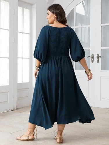Women's Plus Size Casual Dresses Square Neck Button Up Smocked 3/4 Puff Sleeve Empire Wasit A-line Flowy Midi Dress4