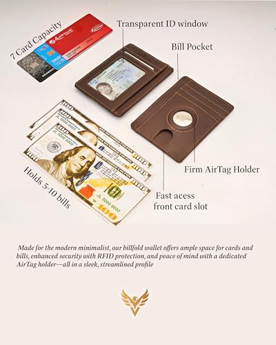 Luxury Airtag wallet RFID blocking card holder wallet with built in Airtag holder- Slim Minimalist front pocket billfold leather wallet card wallet for men with ID window Coffee brown4