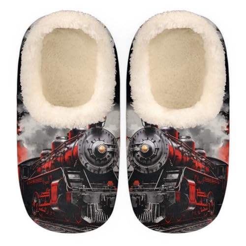 Vintage Steam Train Slippers for Women Men, Cool Train House Slippers Socks Warm Fuzzy Memory Foam Indoor Slippers Lightweight Cozy Anti-Skid Closed Back Home Shoes, Medium