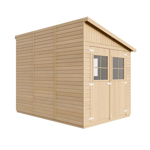 Abri de Jardin en Bois Naturel(avec paroi latérale) - Stockage extérieur avec fenêtres- H244x218x318 cm/6 m2, Hangar en Bois Naturel - Atelier Rangement Outils et...