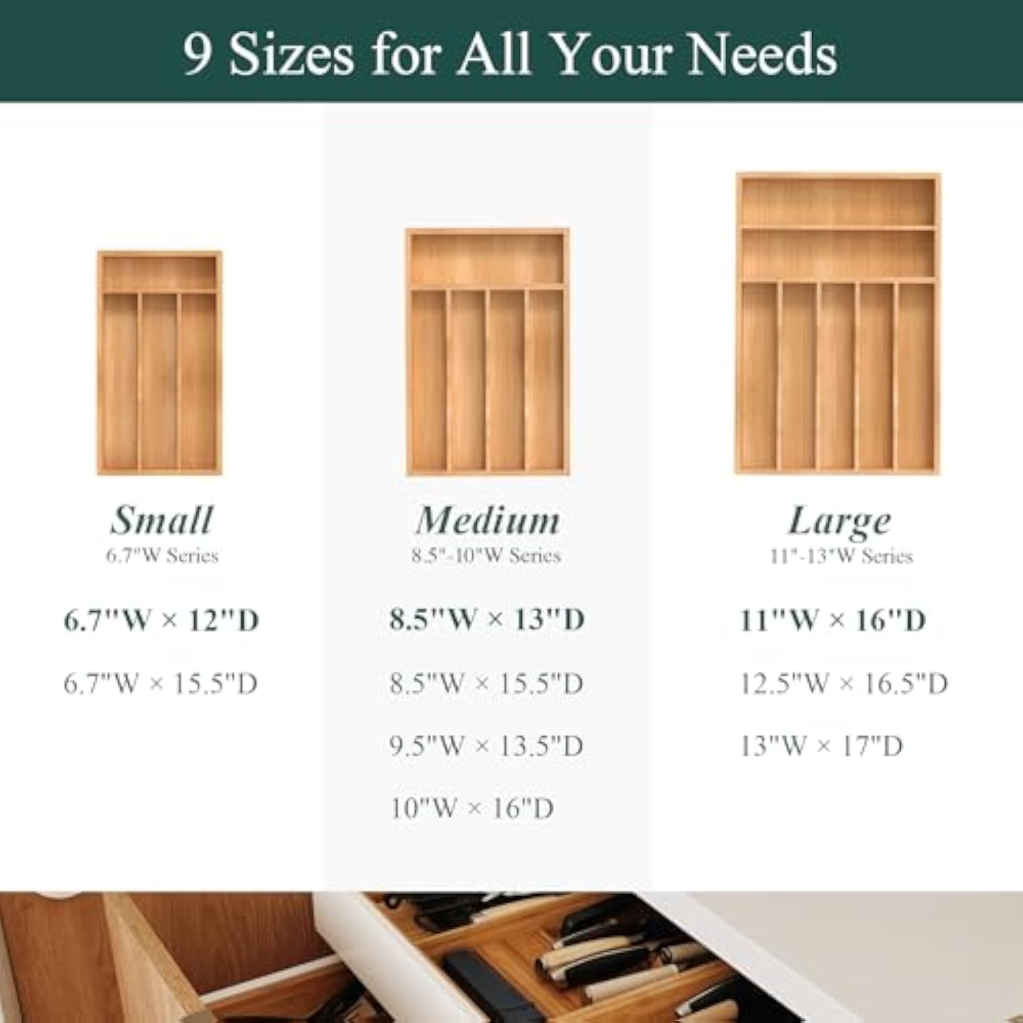 Bamboo Kitchen Drawer Organizer, Cutlery Tray & Utensil Holder
