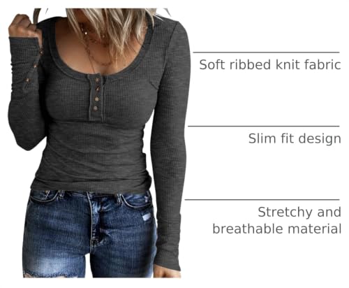 Image of KINLONSAIR Women Long Sleeve Henley Shirts Scoop Neck T-shirt Basic Tops