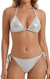 Maeau - Traje de Baño 2 Piezas Mujer Sexy Conjunto de Bikini Metálico Brillante Ajustable Triángulo Bikini Vacaciones Playa S Plateado