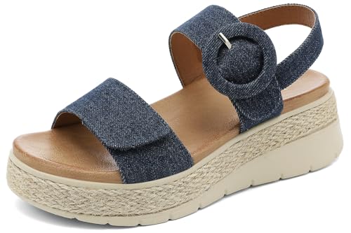 Image of UBFEN Womens Espadrille Platform Sandals Low Wedge Orthopedic Arch Support | Cushion Insole, Comfortable Dressy Buckle Sandals for Walking and Vacation, Low Heel, Adjustable Strap