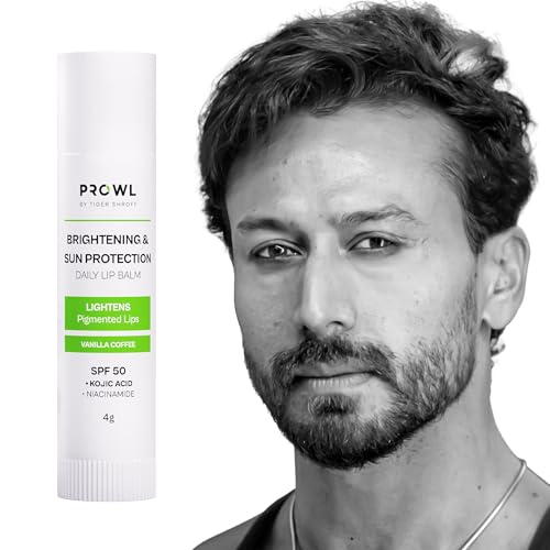 Image of PROWL by Tiger Shroff SPF 50 PA+++ Lip Balm For Men with Kojic Acid | Lipbalm For Moisturising Brightening Dark Lips & Lightening Pigmented Dry Lips | Pigmentation Removal Care | Vanilla Coffee, 4g